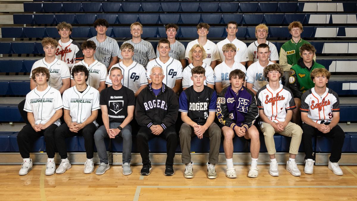 Greater Spokane League 4A/3A/2A all-league baseball. Front: Caden Andreas (Rid), Ben Wartinger (Rid), coach Jeramie Maupin (Rid), coach Jim Wasem (Rog), Jackson Ables (Rog), Logenn Storer (Rog), Brody Hart (WV), Ethan Turley (WV). Middle: Nate Fitzpatrick (Rid), Easton Amend (Rid), Hunter Derr (GP), Luke Brown (GP), Anthony Karis (GP), Eddie Dahle (CV), Kamden Lanphere (CV), Tyler Yarger (SP). Back: John Macall (WV), Drew Rayment (MtS), Brayten Ayers (MTS), Cooper Davis (MtS), Quinn Hubbs (Che), Marco Longo (Uni), Cooper Jeffries (LC), Zach Wetmore (SP). Not pictured: Emerson Fleck (Mead), Calvin Heusser (Pul), Joey Hecker (Pul), Isaac Pagels (Pul), Caleb Northcroft (Pul), coach Kevin Agnew (Pul), Trace Green (Cla), Emmett Slagg (Cla), Boee Thivierge (Cla).  (COLIN MULVANY/THE SPOKESMAN-REVIEW)