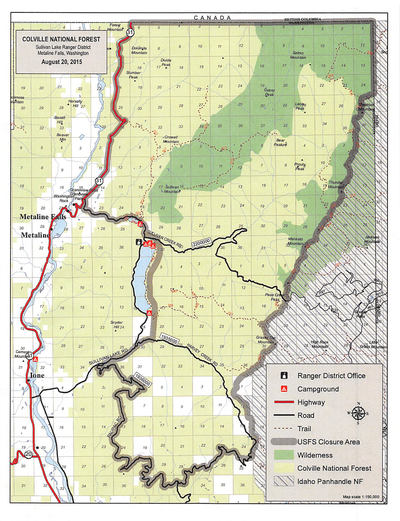 The gray border indicates the area of the Colville National Forest, including the Salmo-Priest Wilderness, that was closed on Aug. 20 until further notice because of fire danger and wildfire fighting activity. (U.S. Forest Service)