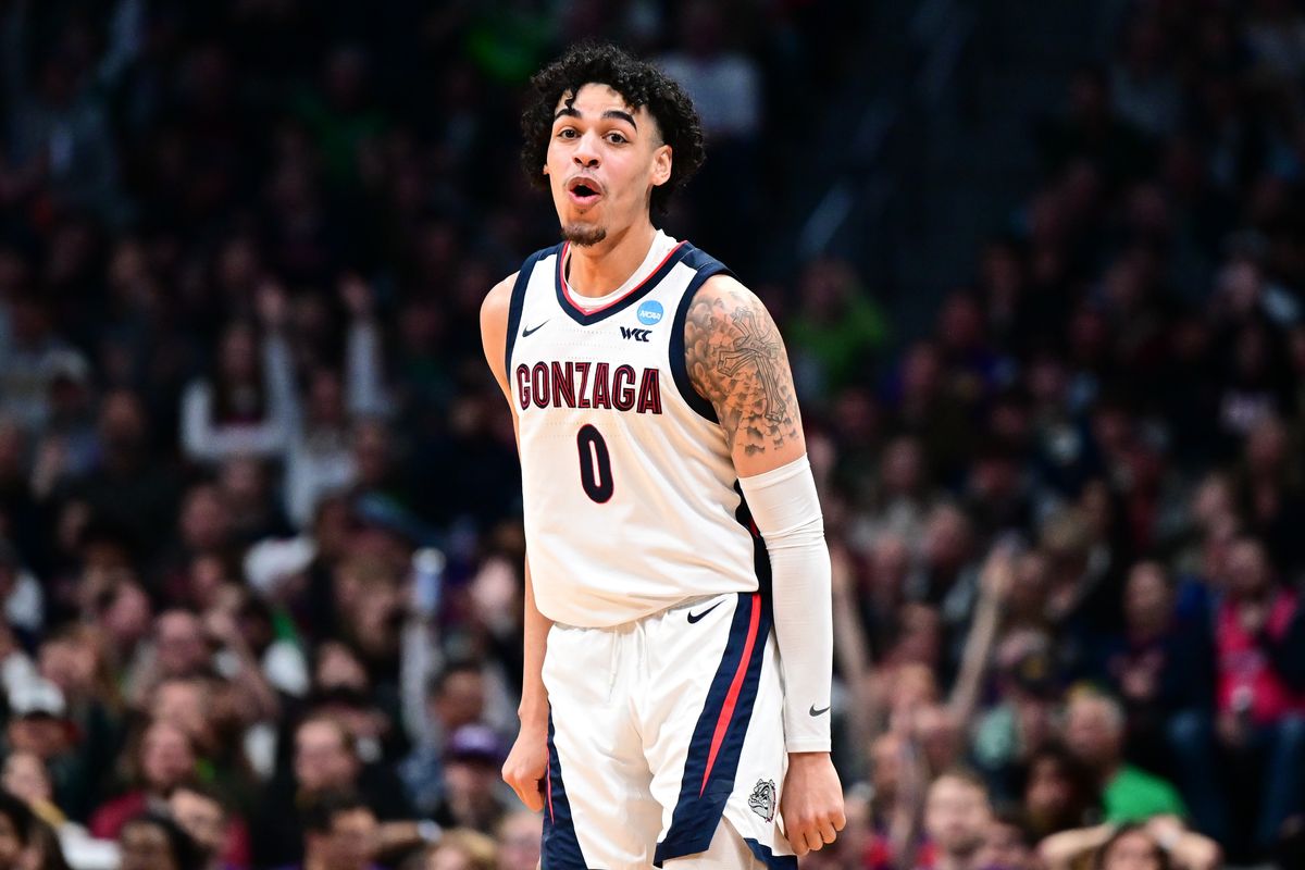 Gonzaga Bulldogs guard Julian Strawther (0) reacts during the second half of a first round NCAA Basketball Tournament game on Friday, March 17, 2023, at Ball Arena in Denver, Colo. Gonzaga won the game 82-70.  (Tyler Tjomsland/The Spokesman-Review)