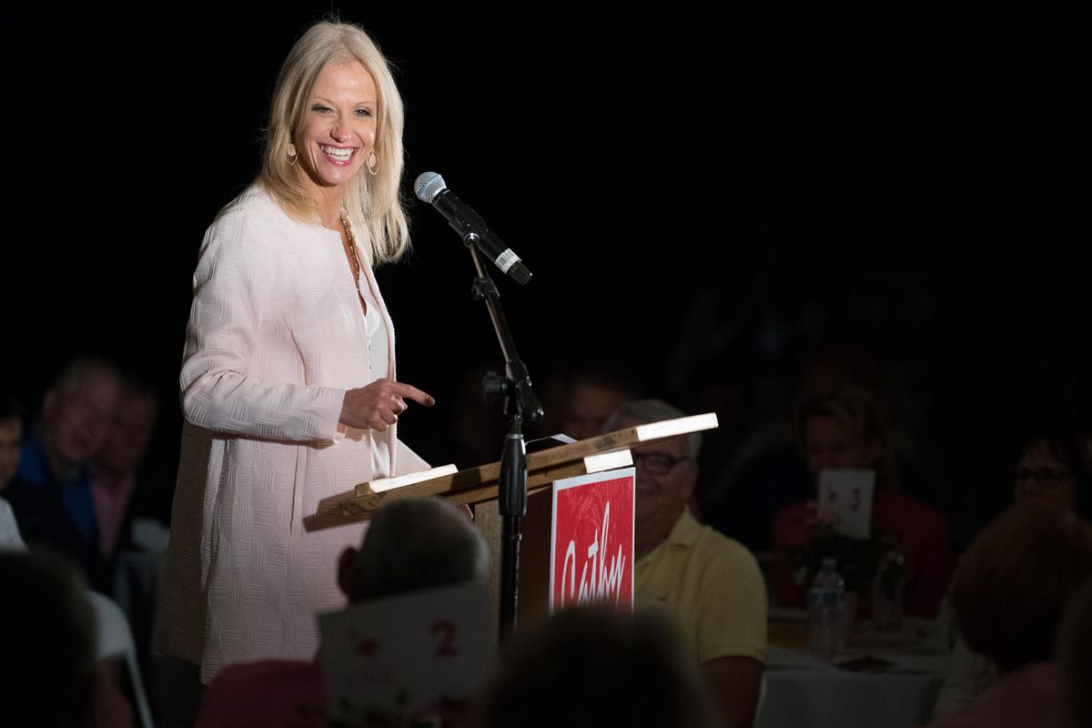 Kellyanne Conway speaks during a private campaign fundraising event for U.S. Rep. Cathy McMorris Rodgers on Friday, Aug. 24, 2018, in Spokane, Wash. (Tyler Tjomsland / The Spokesman-Review)