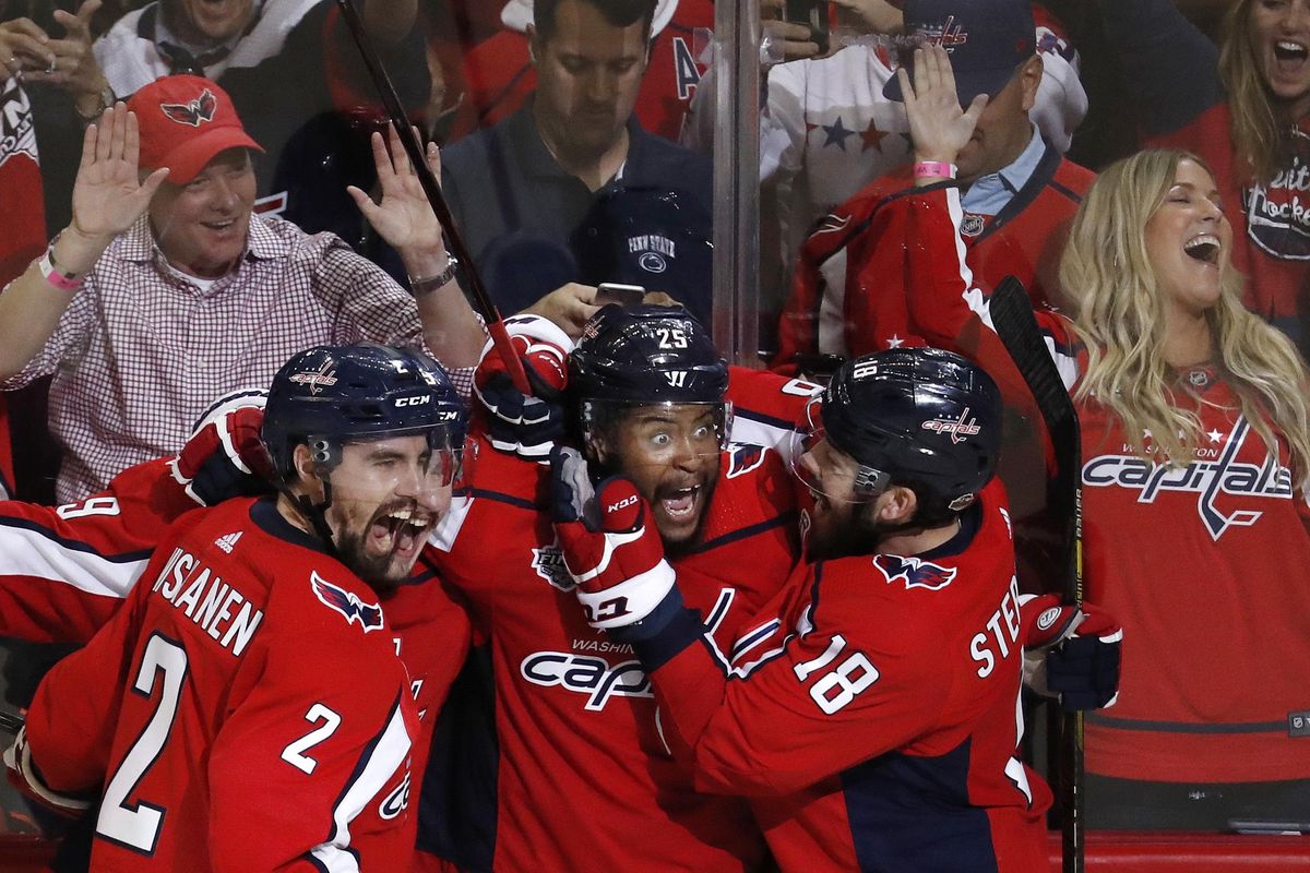 Washington Capitals forward Devante Smith-Pelly, center, celebrates his goal against the Vegas Golden Knights with Matt Niskanen, left, and Chandler Stephenson, during the third period in Game 3 of the NHL hockey Stanley Cup Final, Saturday, June 2, 2018, in Washington. (Pablo Martinez Monsivais / Associated Press)