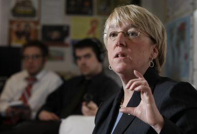 Sen. Patty Murray talks to reporters  Monday  at the Associated Press bureau in Olympia.  (Associated Press / The Spokesman-Review)