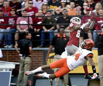 Washington State receiver Dom Williams (80) hauls in a long pass against Oregon State during the first half of a PAC 12 football game on Saturday, Oct 17, 2015, at Martin Stadium in Pullman, Wash. (Tyler Tjomsland / The Spokesman-Review)