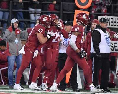 Washington State  safety Skyler Thomas (25) celebrates after his interception  against Cal during the second half Nov. 3 at Martin Stadium in Pullman. WSU won  19-13. (Tyler Tjomsland / The Spokesman-Review)