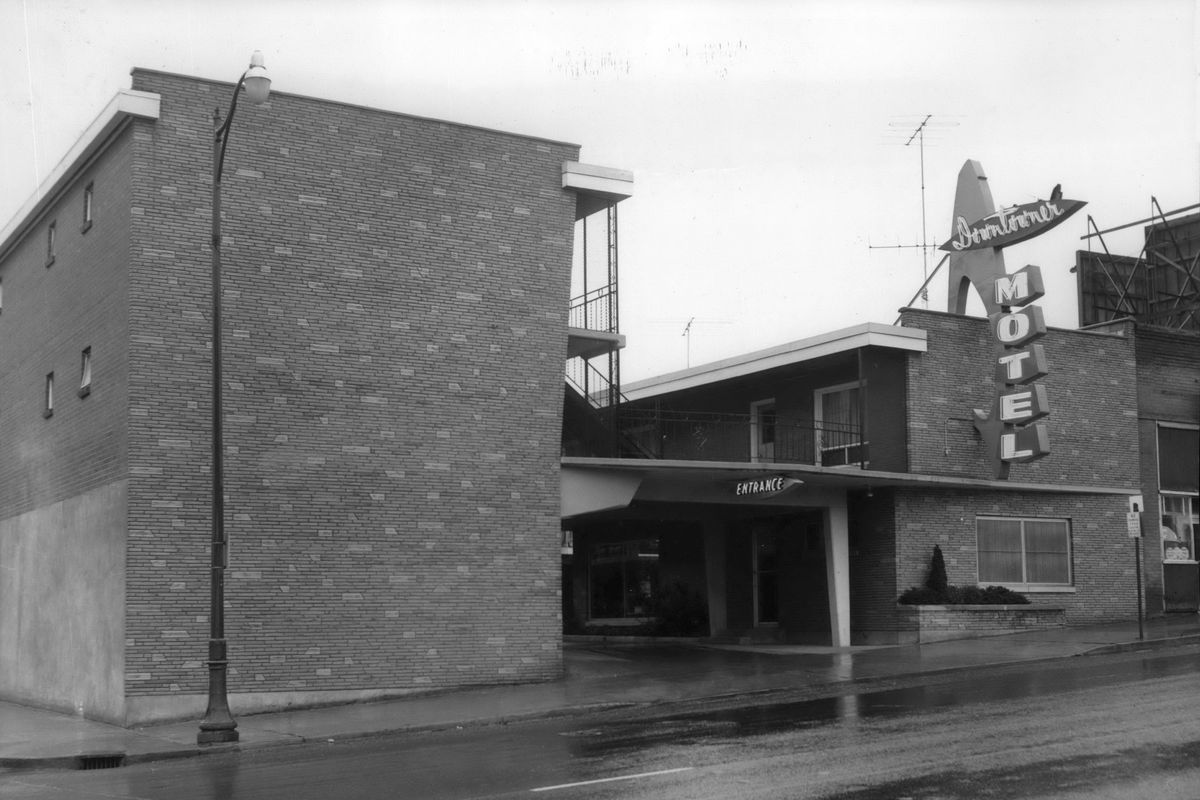 1961: The Downtowner Motel at 165 S. Washington St., opened in 1957, was built by Gerald “Jerry” Larson with partners Claude C. Murray and Warren Hoesly. The advertisements called it the first large downtown motel in Spokane. The Downtowner was opened after the partnership built the Bel Air Motel at 1303 E. Sprague a year earlier. They sold the motels in 1961. The architecture and signage were vintage midcentury modern design.  (THE SPOKESMAN-REVIEW PHOTO ARCHIVE)