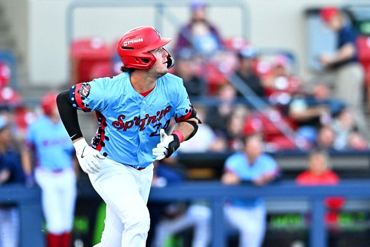 Spokane Indians first baseman Charlie Condon would lead the Northwest League in batting average if he had enough plate appearances to qualify. (James Snook/Spokane Indians)