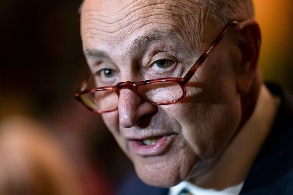Senate Majority Leader Chuck Schumer, D-N.Y., meets with reporters following a Democratic Caucus meeting, at the Capitol in Washington, Tuesday, April 5, 2022.  (J. Scott Applewhite)