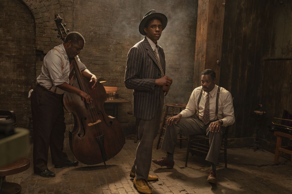 This image released by Netflix shows Michael Potts, from left, Chadwick Boseman and Colman Domingo in "Ma Rainey