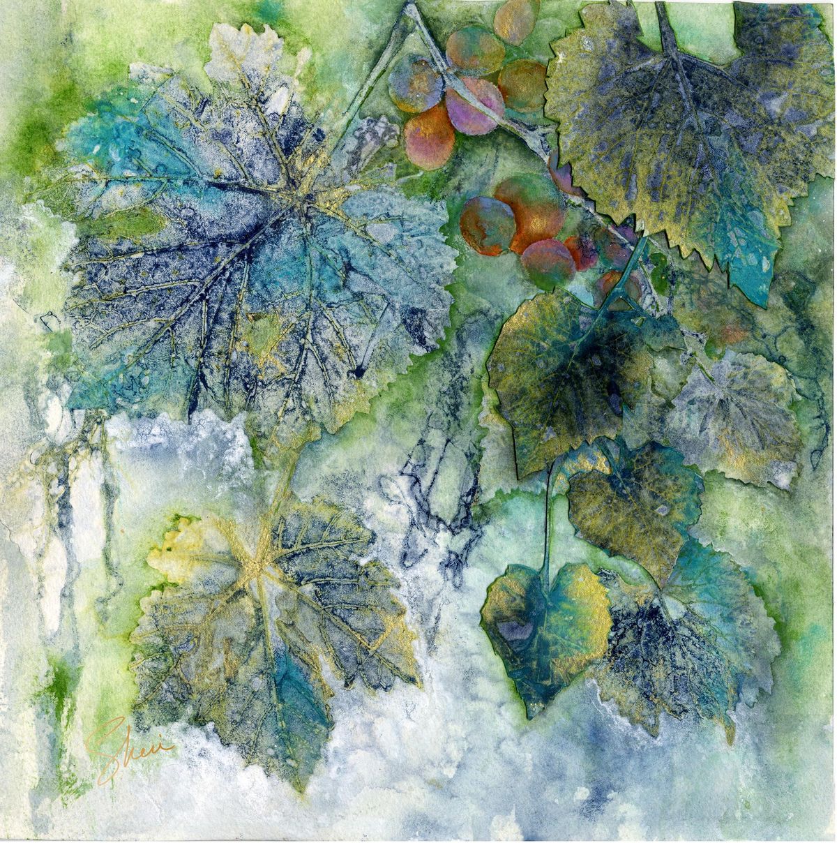 “Grapes for the Deer” by Sheri Trepina (watercolor collage) is featured at Dodson’s Jewelers in October. (DODSONS JEWELERS)