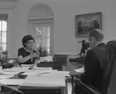 
Spokane native Mildred Leonard, left, is seen here with her boss, President Gerald R. Ford, in the Oval Office. 
 (Photo courtesy Gerald R. Ford Presidential Library / The Spokesman-Review)