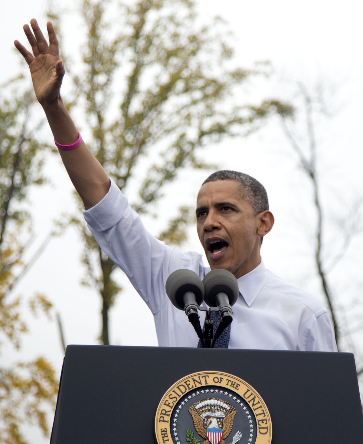 President Barack Obama gestures while speaking about the choice facing women in the upcoming election, Friday, Oct. 19, 2012, at a campaign event at George Mason University in Fairfax, Va. (Carolyn Kaster / Associated Press)