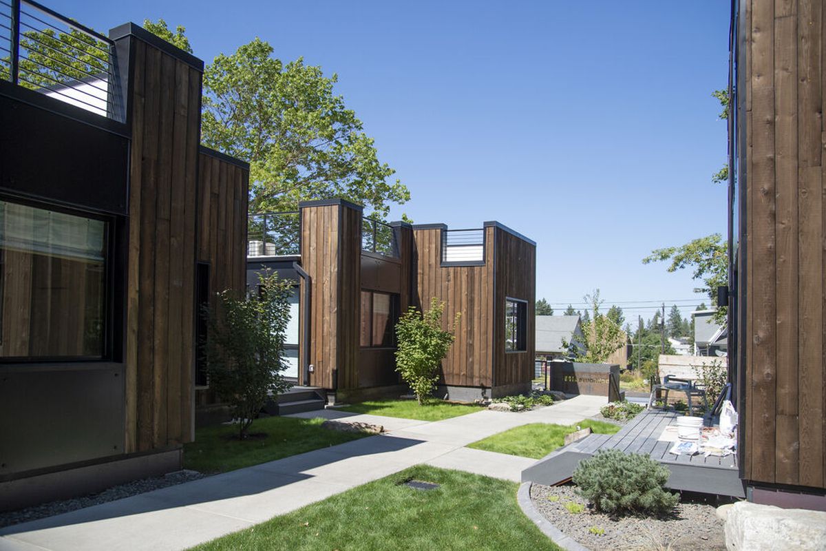 Blockhouse Life is a small village of modular residential units, a mix of studio and multi-bedroom apartments mostly used for short-term rentals.  (Jesse Tinsley/THE SPOKESMAN-REVI)