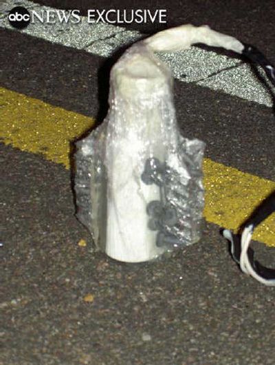 
This photo provided by ABC News purports to show one of the unexploded devices found in the trunk of a car belonging to Shehzad Tanweer, one of the July 7 bombers who attacked the London Underground. 
 (Associated Press / The Spokesman-Review)