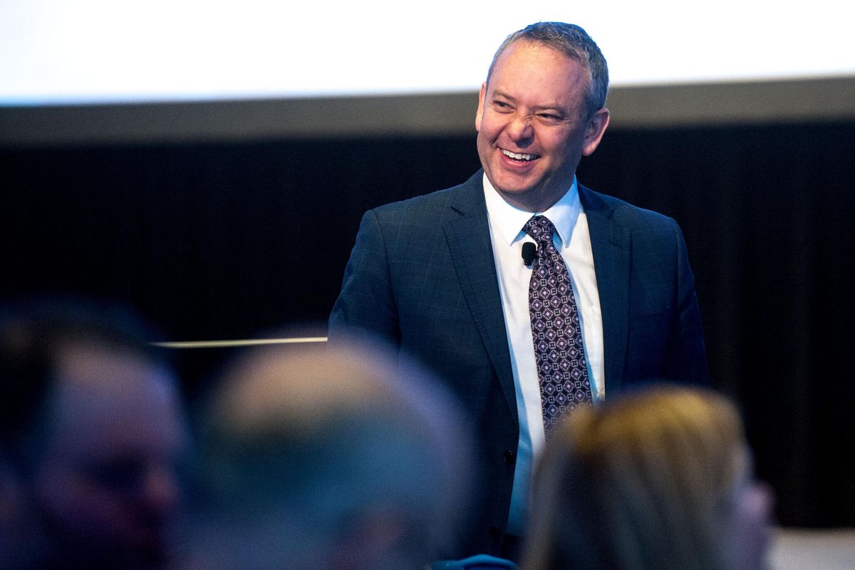 Mayor David Condon smiles toward the crowd Friday before he delivers his final state of the city address. (Kathy Plonka / The Spokesman-Review)