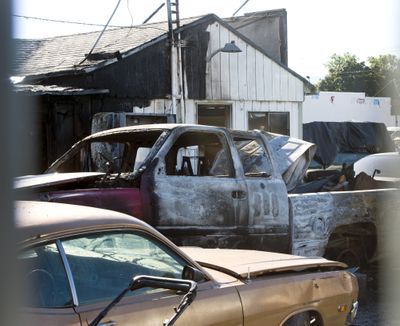 Six vehicles, two motorcycles and an office building were damaged in an early morning blaze at A & M Used Auto Sales at 2611 E. Sprague on Wednesday in Spokane. (Dan Pelle)