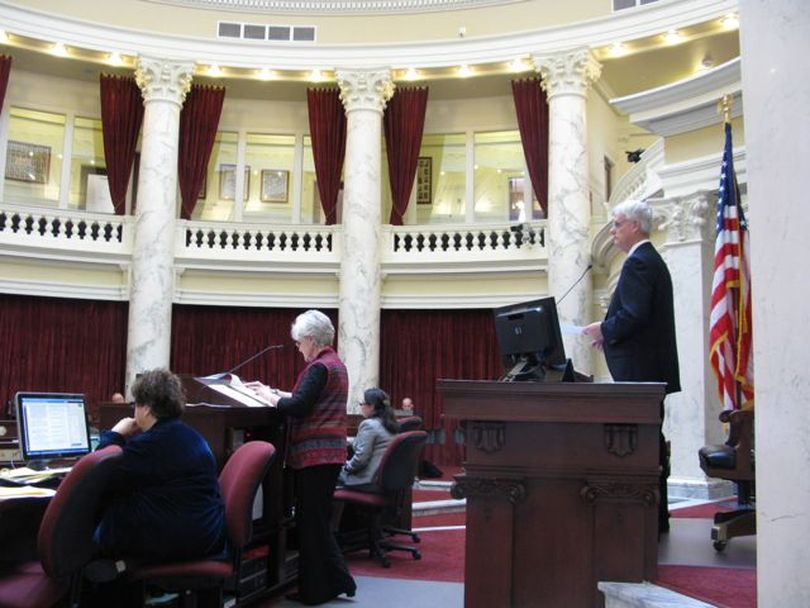 Jeannine Wood, secretary of the Senate, reads the 24-page school reform bill, SB 1184, on Thursday, after Democrats force full reading of the bill. (Betsy Russell)