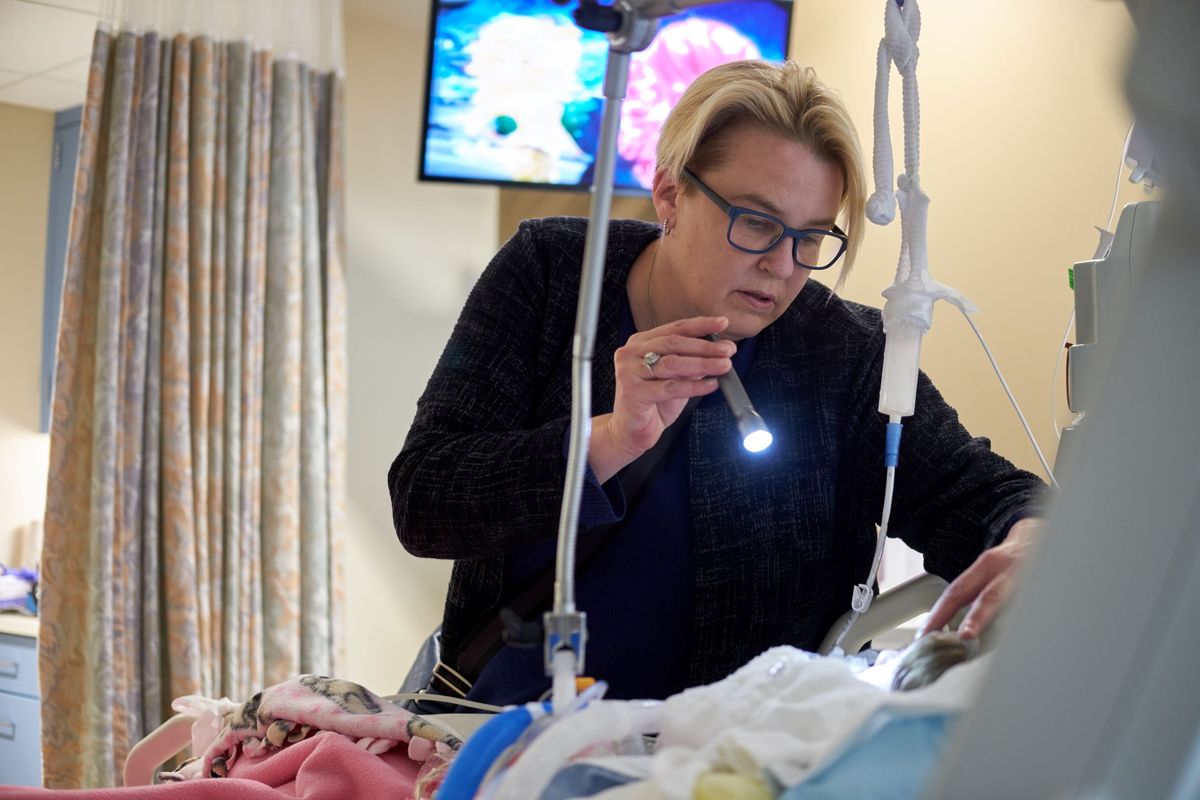 Lead Vascular Neurologist and Neurohospitalist Cynthia Murphy, M.D., assesses a stroke patient at Providence Sacred Heart Medical Center. (Photo courtesy of Gary Matoso & Providence)