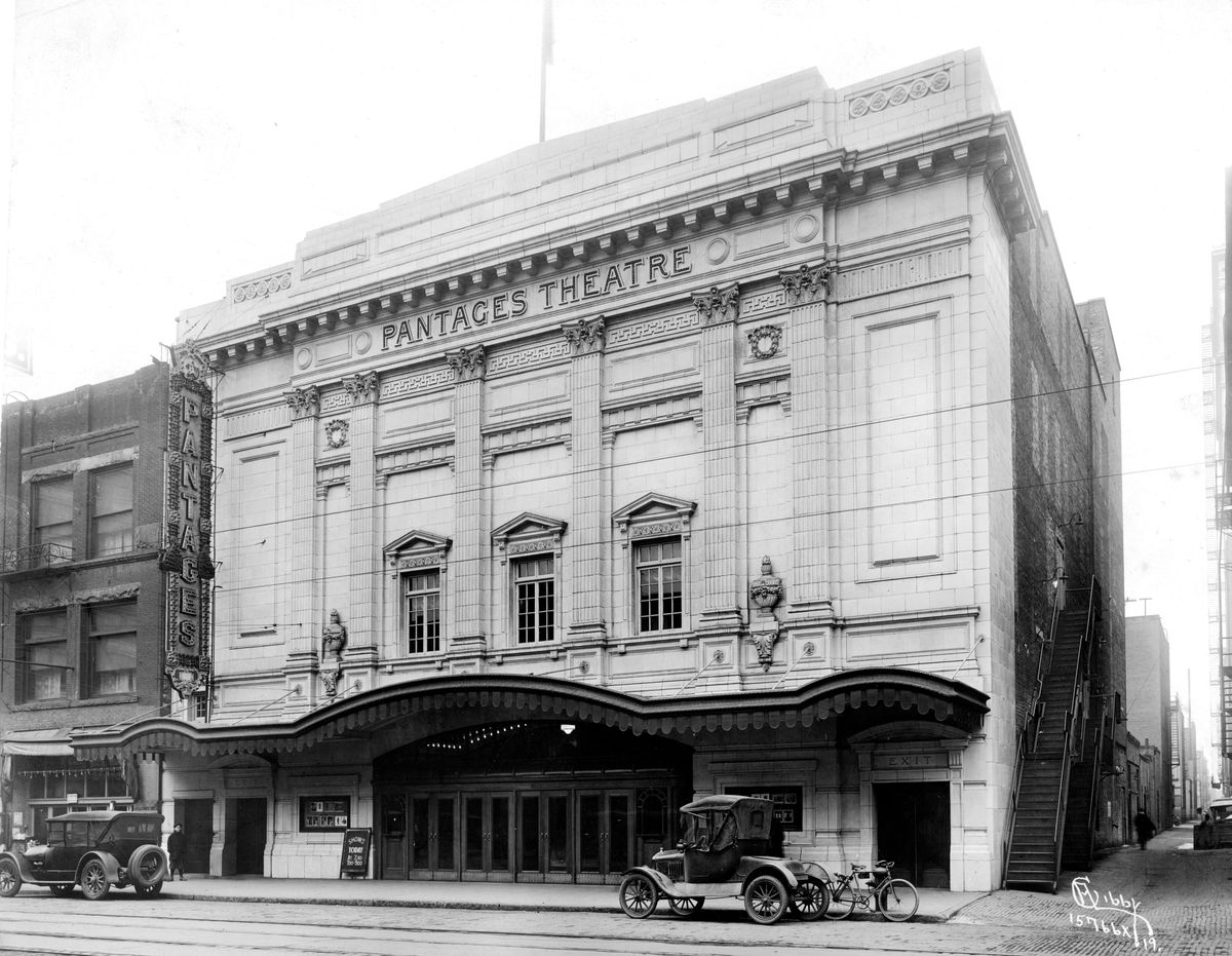 1919 - Theater impresario Alexander Pantages built this Greek revival theater, designed for both vaudeville and movies, in 1917 on Howard St. in Spokane. It was a stop on the "Pantages circuit" where national acts rotated through on a weekly basis. Later, the theater went out of business in 1929 and reopened the next year as the Orpheum, mainly showing movies. The building was torn down in 1958 and the space used as a parking lot until the Parkade was built in 1966. Libby Collection/Eastern Washington Historical Society Archives (Libby Collection/Eastern Washing / SR)