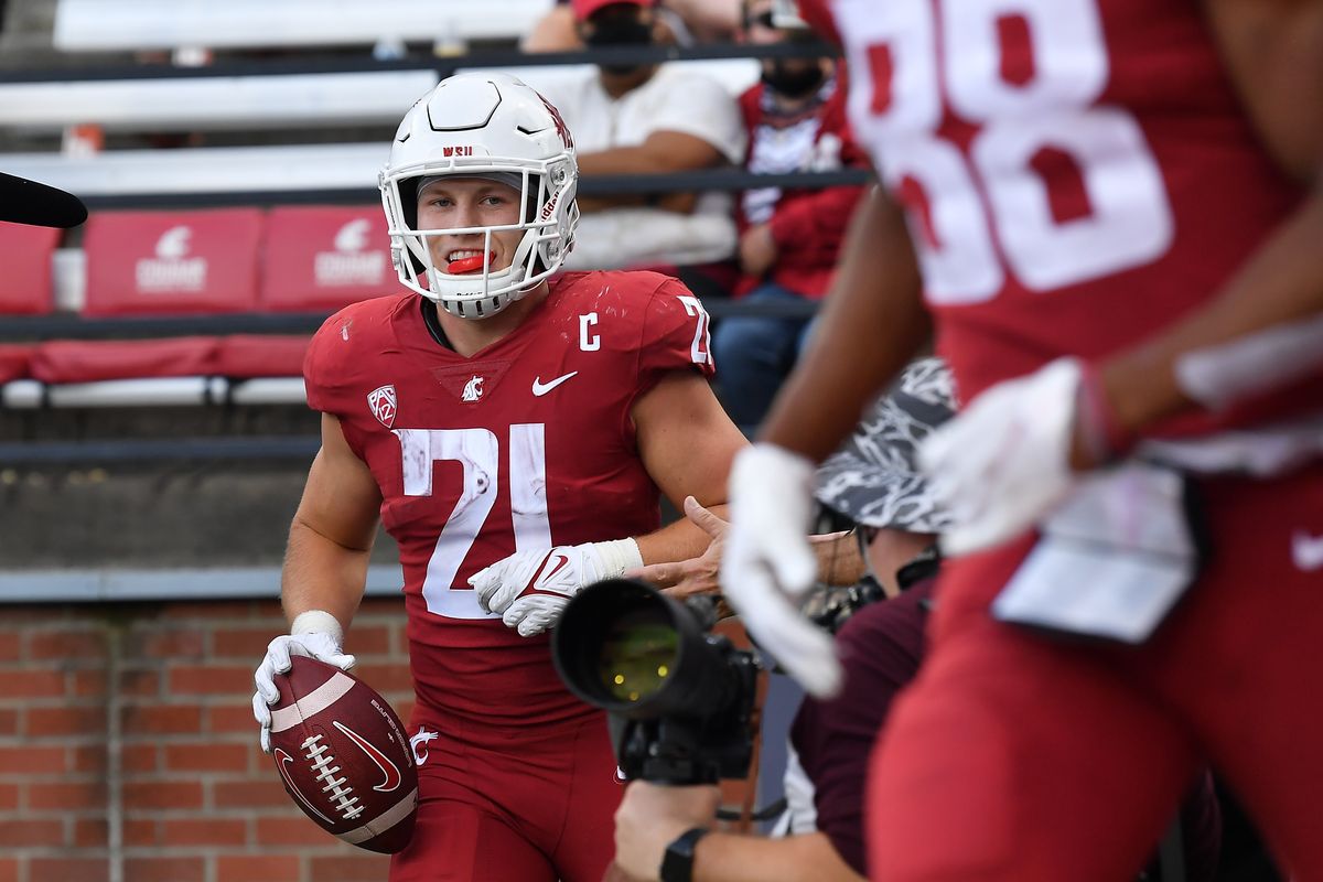 Washington State Cougars running back Max Borghi (21) reacts after scoring a rushing touchdown against Portland State Vikings during a Sept. 11 game. Borghi sustained what appeared to be a serious wrist injury Saturday at Utah.  (Tyler Tjomsland/The Spokesman-Review)