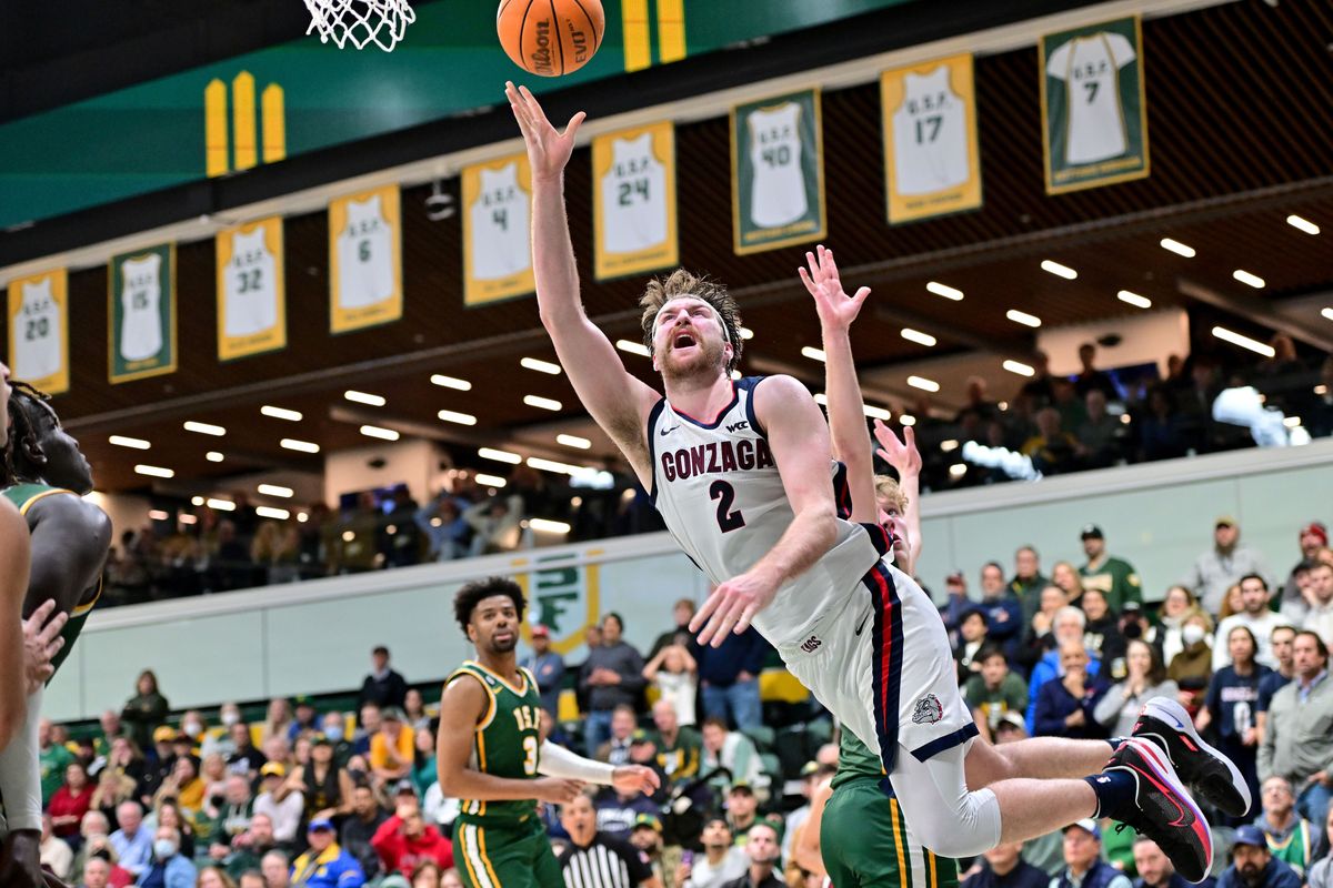 Gonzaga Bulldogs forward Drew Timme (2) flies into the paint against the San Francisco Dons during the second half of a college basketball game on Thursday, Jan. 5, 2023, at War Memorial Gym in San Francisco, Calif. Gonzaga won the game 77-75.  (Tyler Tjomsland / The Spokesman-Review)