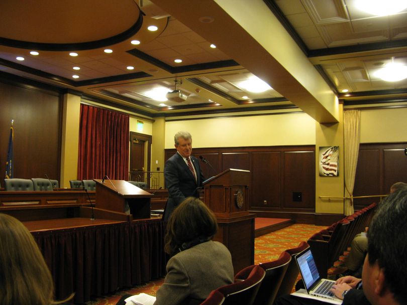 Idaho Gov. Butch Otter answers questions from reporters at a news conference in the Lincoln Auditorium, following his State of the State address to a joint session of the Idaho Legislature on Monday (Betsy Russell)