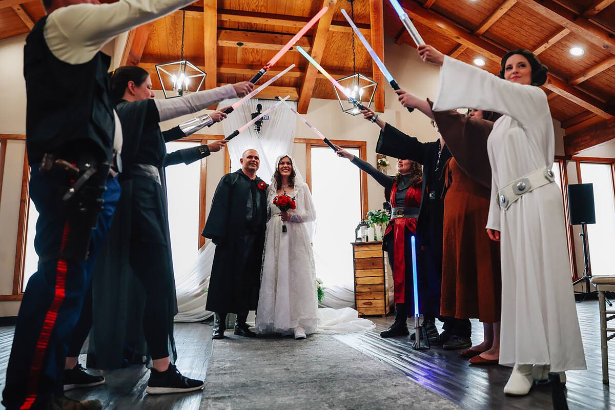 William McCormack and his bride, Celeste McCormack, are introduced as a married couple during a “Star Wars” themed wedding at the Little Vegas Chapel on Sunday in Las Vegas. (Madeline Carter/Las Vegas Review-Journal)