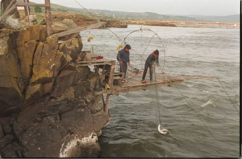 Anthony Wesley and Frank Lewis fish with a dip net on the Columbia River near The Dalles Dam. Members of the Yakima, Nez Perce, Umatilla and Warm Springs tribes are permitted to catch a percentage of the spring chinook run which crosses Bonneville Dam.  (Associated Press)