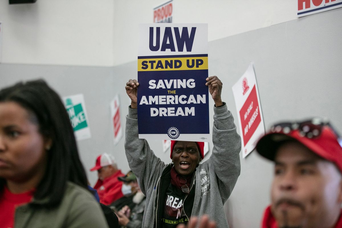UAW members attend a rally in support of the labor union strike at the UAW Local 551 hall in Chicago on Oct. 7. Despite remarkable union victories, the share of workers in unions declined to 10% last year. (Jim Vondruska/Getty Images)
