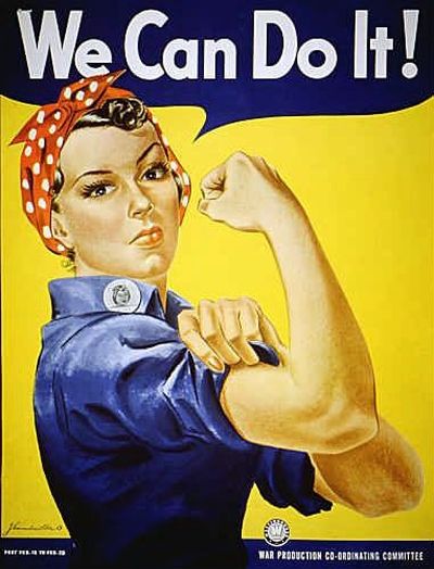 A poster featuring “Rosie the Riveter,” dressed in overalls and bandanna, was used to recruit women to the defense workforce during World War II. (Associated Press)