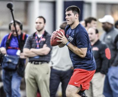 Former Mississippi quarterback Chad Kelly throws during the University of Mississippi’s pro day last week. (Bruce Newman / Associated Press)