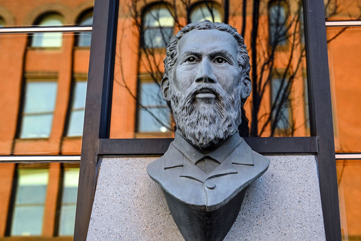 Rev. Peter Barnabus Barrow is one of the founders of Calvary Baptist Church, the first Black church in Spokane and only the second Black church in the state. His bust of Barrow is featured with other Spokane pioneers on the side of The Spokesman-Review production building.  (COLIN MULVANY/THE SPOKESMAN)