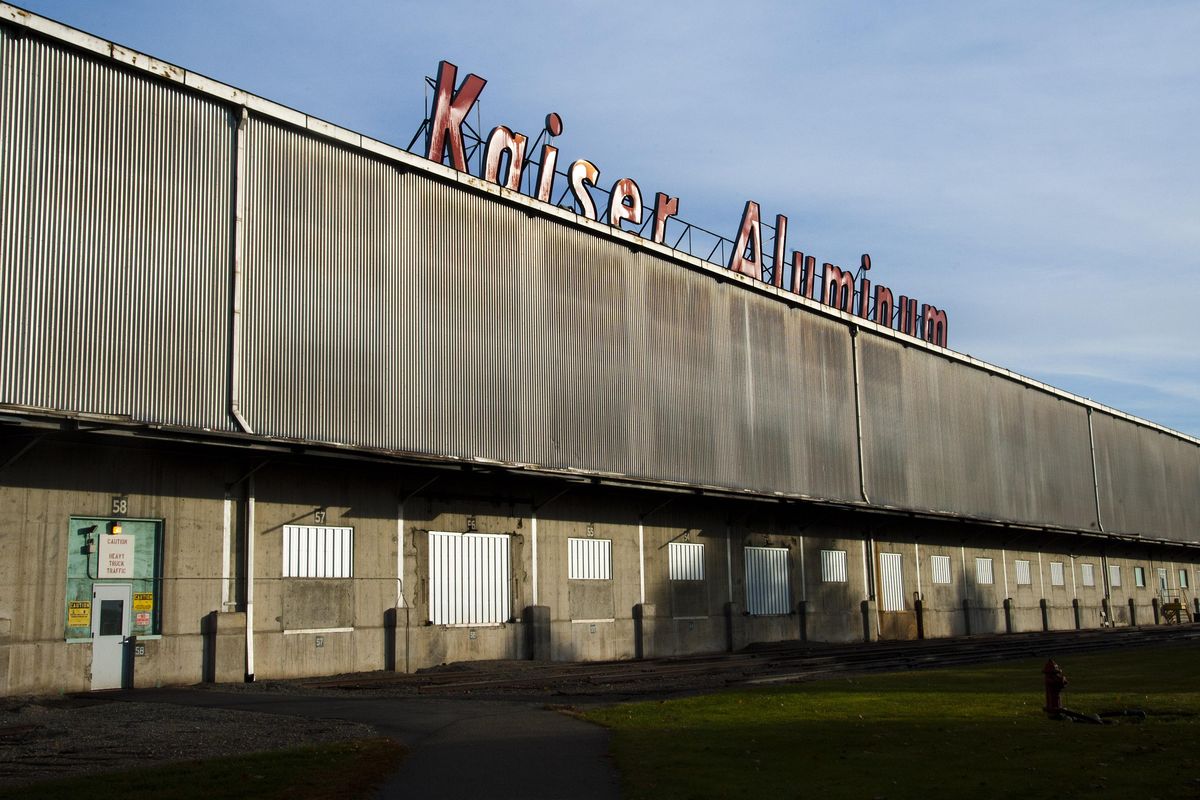 Kaiser Aluminum still displays their iconic sign atop the Trentwood facility. Instead of lighting with troublesome neon, flood lights now shine on the letters. (Dan Pelle / The Spokesman-Review)