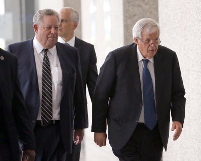 Former House Speaker Dennis Hastert, right, departs the federal courthouse June 9 with attorney Thomas C. Green in Chicago. (Charles Rex Arbogast / File Associated Press)