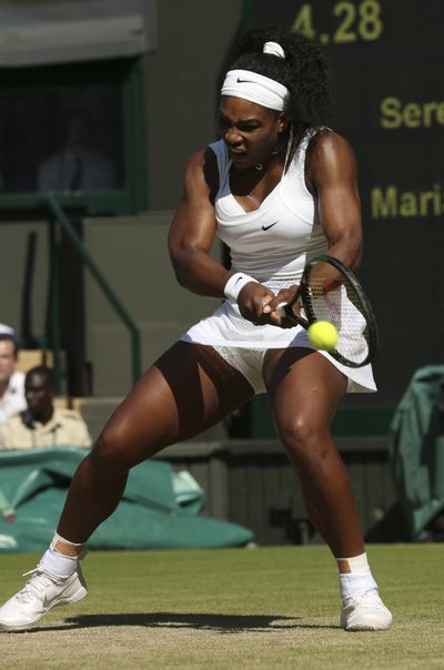 American Serena Williams powered her way past Maria Sharapova to make her eighth Wimbledon title match. (Associated Press)
