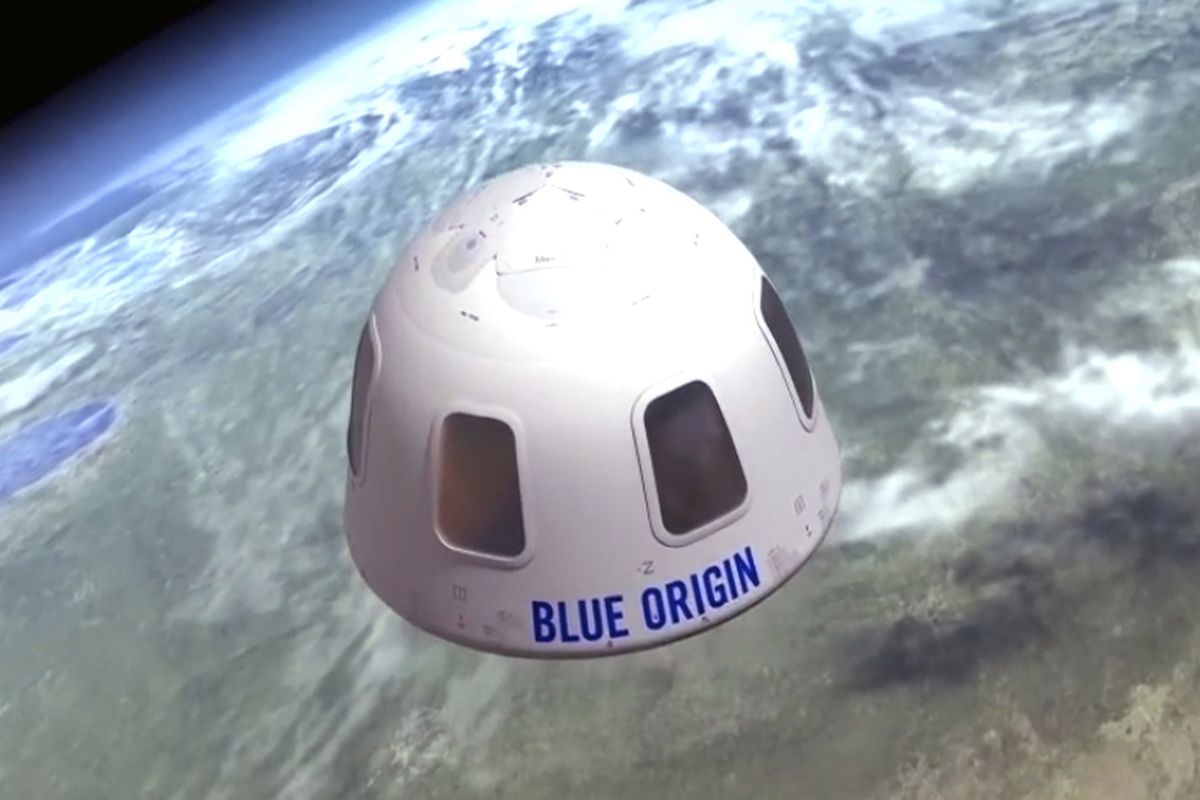 This undated file illustration provided by Blue Origin shows the capsule that the company aims to take tourists into space. The price to rocket into space next month with Jeff Bezos and his brother is a cool $28 million. That was the winning bid during the live online auction on Saturday, June 12, 2021.  (HONS)