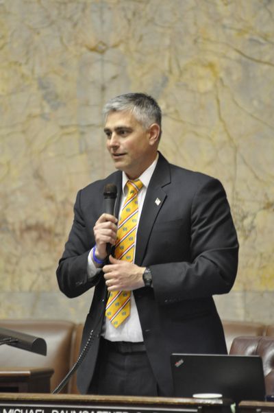 Sen. Mike Baumgartner speaks on Senate floor in Olympia, Wash., in 2017. Baumgartner announced Wednesday that he will not run for re-election this fall but will run for Spokane County treasurer instead. (Jim Camden / The Spokesman-Review)