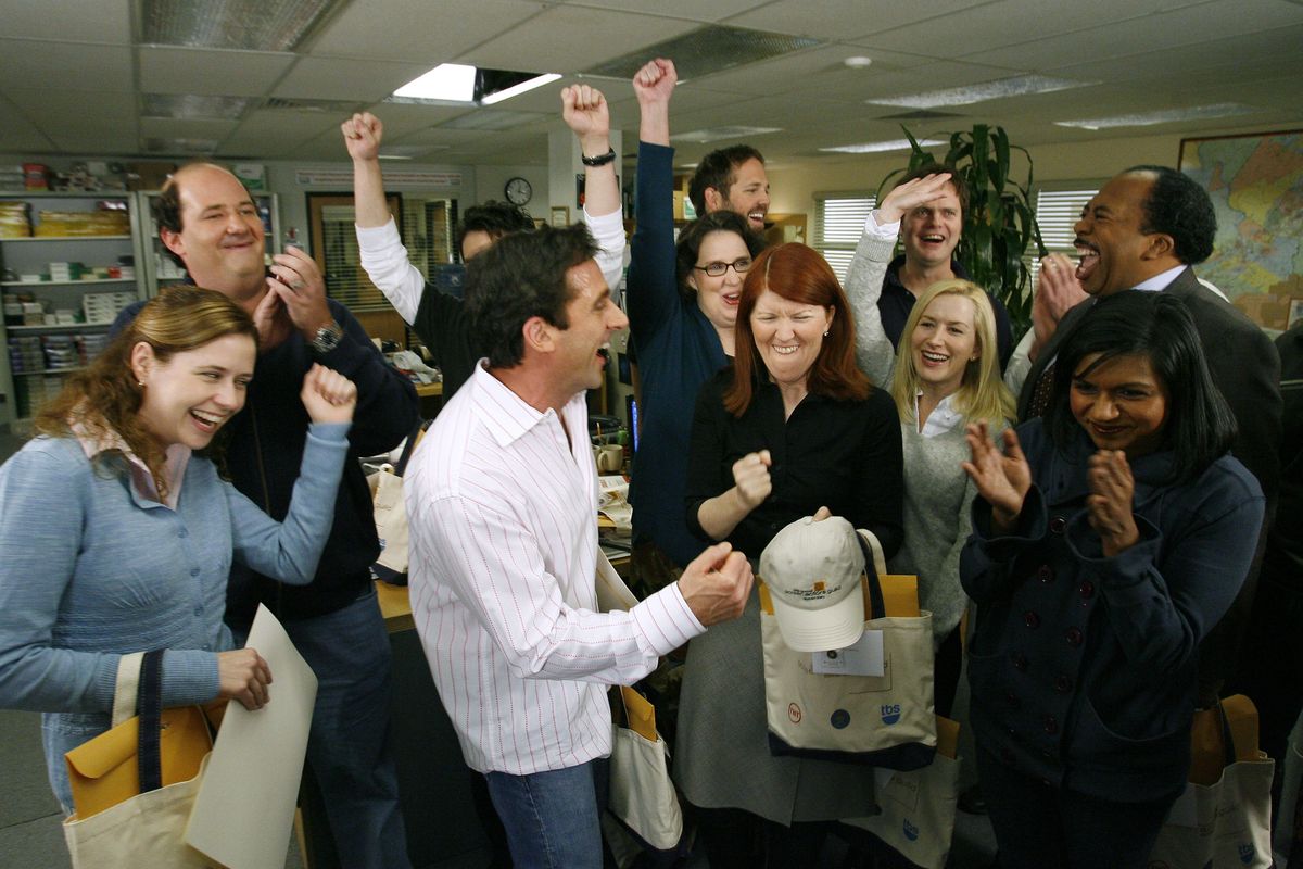 Steve Carell and the cast of “The Office” celebrate their nomination as “Outstanding Performance by an Ensemble in a Comedy Series” on Jan. 11, 2007, in Los Angeles. Carell also received a nomination for “Outstanding Performance by a Male Actor in a Comedy Series” for his work in “The Office.”  (Gus Ruelas/Associated Press)