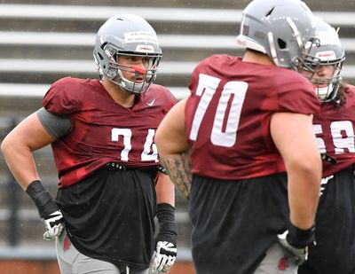 Washington State offensive lineman Robert Valencia (74) pauses between plays during a spring practice on  April 5, 2018, at Martin Stadium in Pullman. (Tyler Tjomsland / The Spokesman-Review)