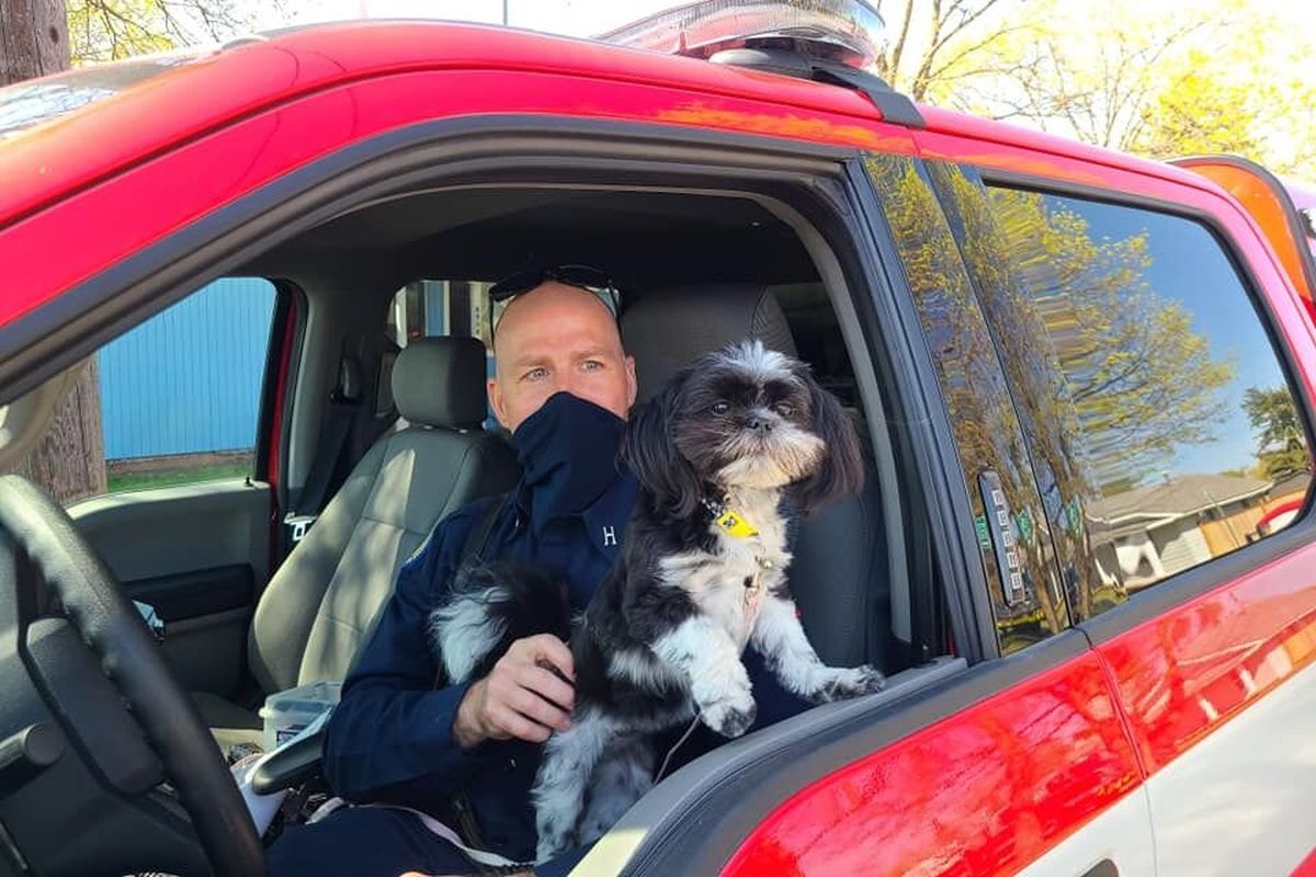 Spokane Valley Fire Department Battalion Chief Mark Knokey and Maru the dog wait in the battalion chief’s vehicle during a response to a detached garage fire at the dog’s owners’ home in the 100 block of North Marguerite Road on Sunday. Maru was found alone in the home when crews arrived.  (SVFD Facebook page)