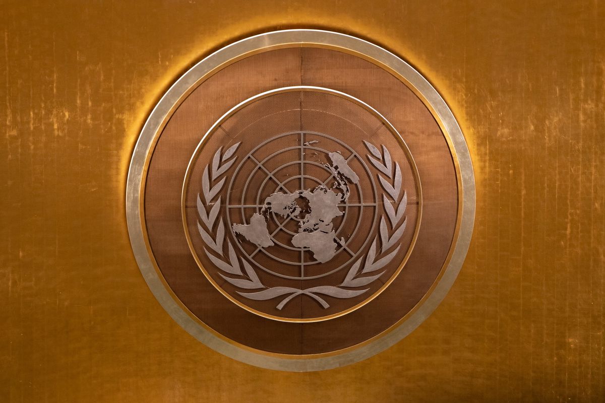 The United Nations Emblem during the 78th session of the United Nations General Assembly, at the U.N. headquarters in Manhattan on Sept. 21, 2023. The emblem is looking increasingly out of place in today’s polarized global world. (Maansi Srivastava/The New York Times)  (MAANSI SRIVASTAVA)