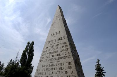 According to Dick Jensen’s book, “Spokane Set in Stone,” a monument in Four Lakes has the wrong information about the Battle of Four Lakes inscribed on it. (Dan Pelle / The Spokesman-Review)