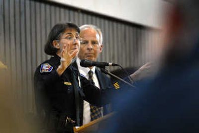 
Spokane police Chief Anne Kirkpatrick and Pat DeVries, of Crime Stoppers Northwest, talk about community and police collaboration Wednesday  in Spokane. 
 (Brian Plonka / The Spokesman-Review)