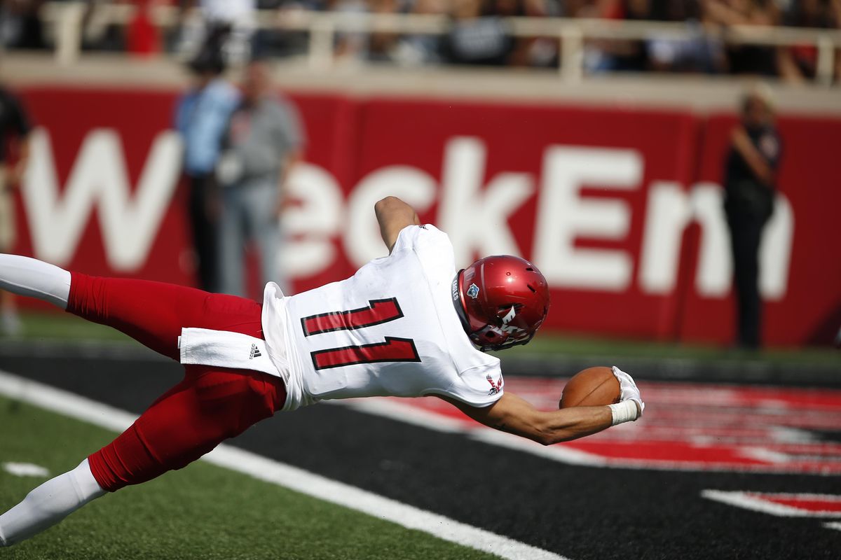 Eastern Washington’s Terence Grady  stretches out to score a touchdown against Texas Tech  on Sept. 2, 2017, in Lubbock, Texas. (Brad Tollefson / AP)