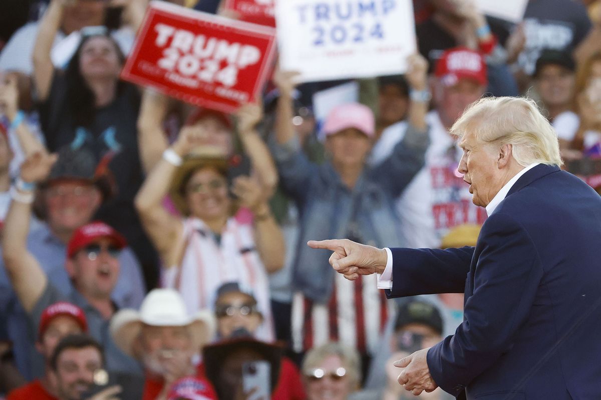 Former President Donald Trump points towards the crowd after speaking during his first 2024 campaign rally on Saturday, March 25, 2023, at Waco Regional Airport in Waco.    (Shafkat Anowar/The Dallas Morning News/TNS)