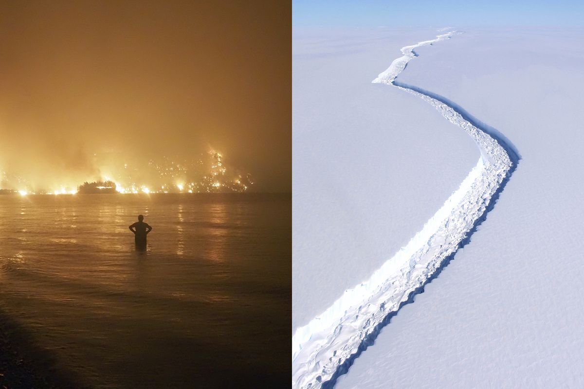In this combination of 2021 and 2017 photos, a man watches as wildfires approach Kochyli beach on the Greek island of Evia, and a rift in the Antarctic Peninsula