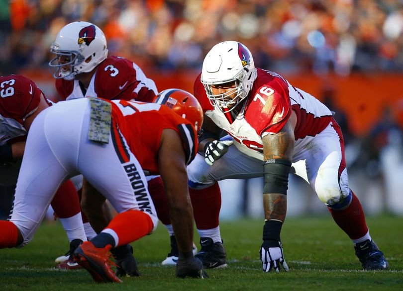 Arizona Cardinals guard Mike Iupati (76) sets to block against the Cleveland Browns during an NFL football game Sunday, Nov. 1, 2015, in Cleveland. Arizona won 34-20. (Jeff Haynes/AP Images for Panini) 