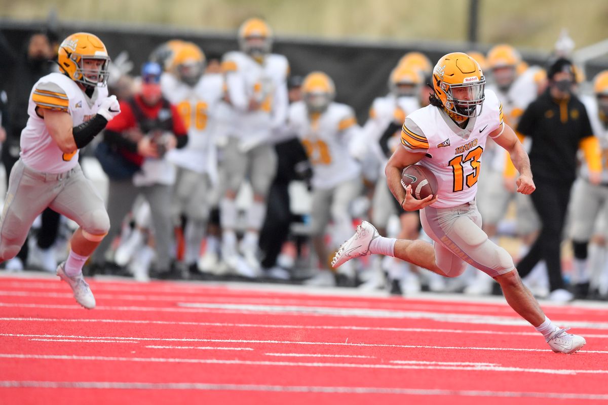 Idaho’s Zach Borisch (13) took Eastern Washington by surprise in a narrow 38-31 loss to the Eagles at Roos Field in Cheney on April 10, rushing for 205 yards.  (Tyler Tjomsland/The Spokesman-Review)