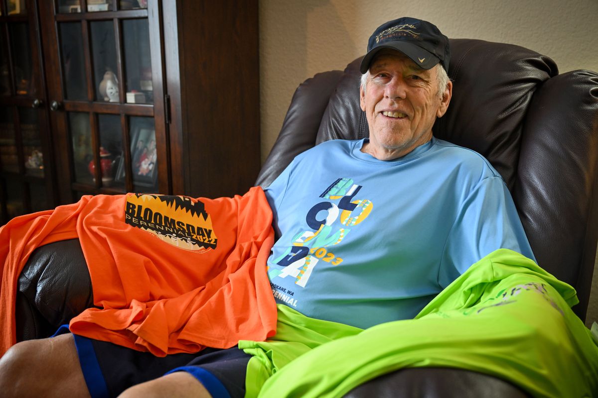 Paul Chapman, of Spokane Valley, is a Bloomsday perennial, having run the first 49 races so far. He has the impressive collection of finisher T-shirts, but also a growing assortment of perennial gear that he wears at each race. He has been slowed by the onset of Parkinson’s, but plans to finish the 50th race in 2026.  (Jesse Tinsley/THE SPOKESMAN-REVI)