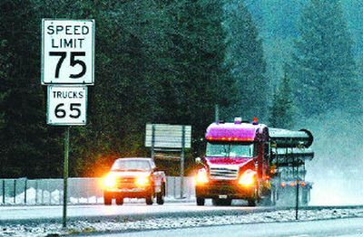 
A state legislator in Idaho is proposing a law to allow trucks to go as fast as cars on highways, as much as 70 mph. This photo was taken on Interstate 90 near the Rose Lake exit. 
 (File / The Spokesman-Review)