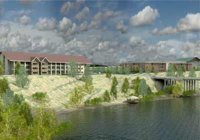 This artist’s rendering shows RiverView, a proposed hotel development at the Washington-Idaho border near Cabela’s. Courtesy of Hughes Investments (Courtesy of Hughes Investments / The Spokesman-Review)
